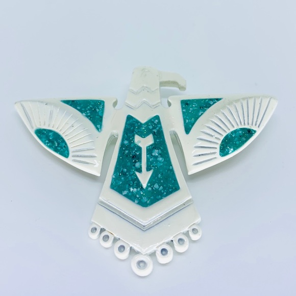 faux turquoise Thunderbird Enamel Vintage Brooch - Picture 1 of 4